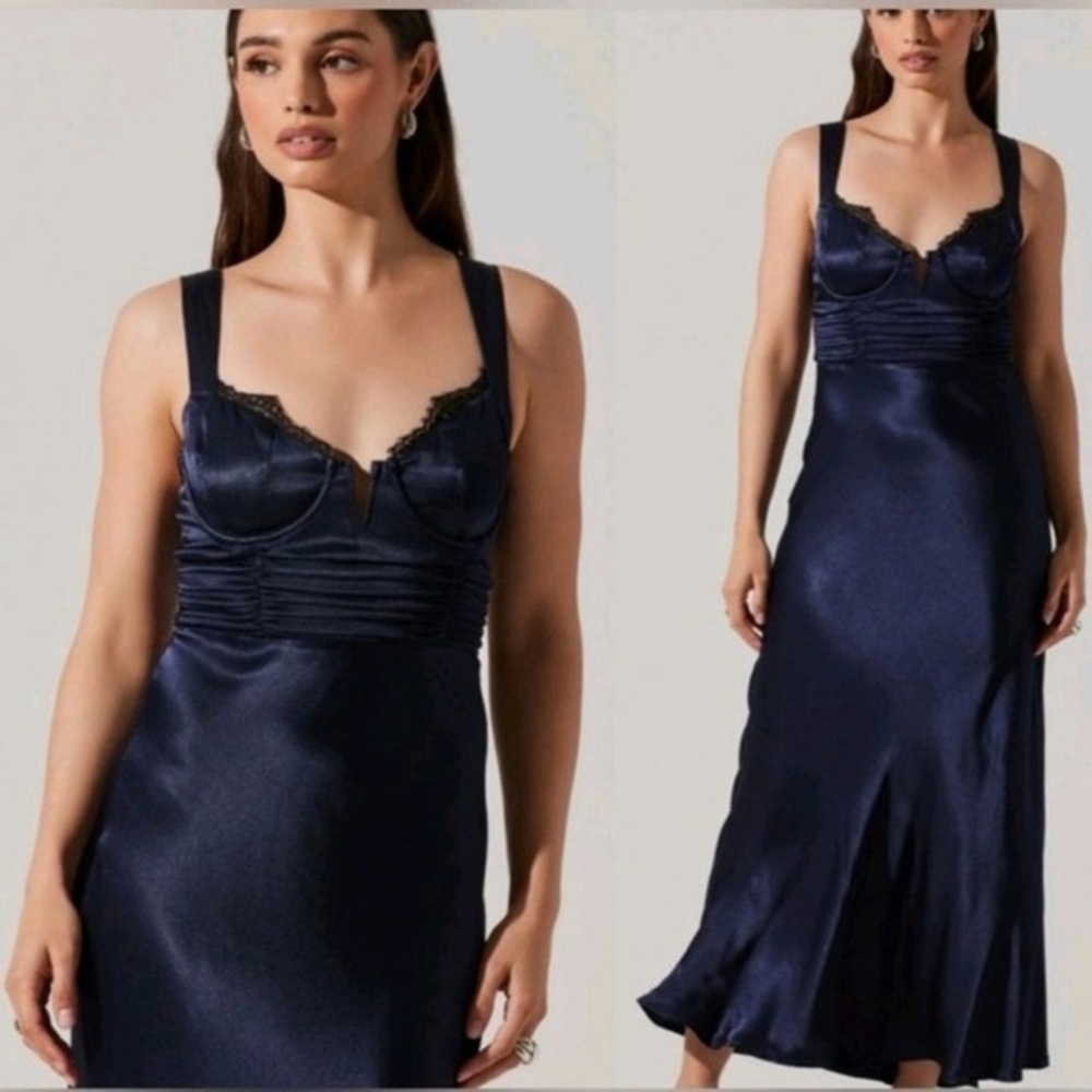 Astr Aeris Navy Blue Satin Midi Dress